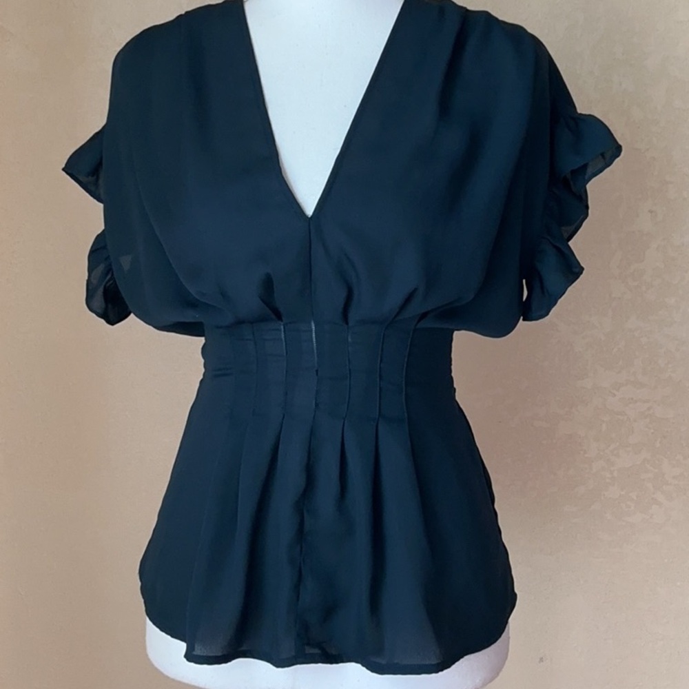 Max Studio Navy Ruffled V-Neck Blouse - Picture 3 of 9